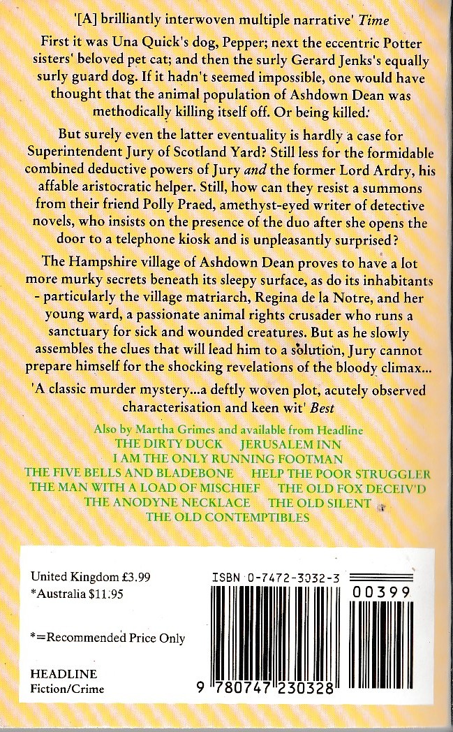 Martha Grimes  THE DEER LEAP magnified rear book cover image