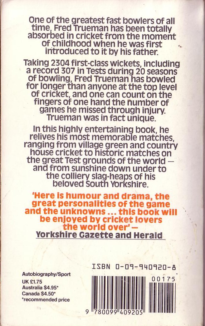 Fred Trueman  MY MOST MEMORABLE MATCHES magnified rear book cover image