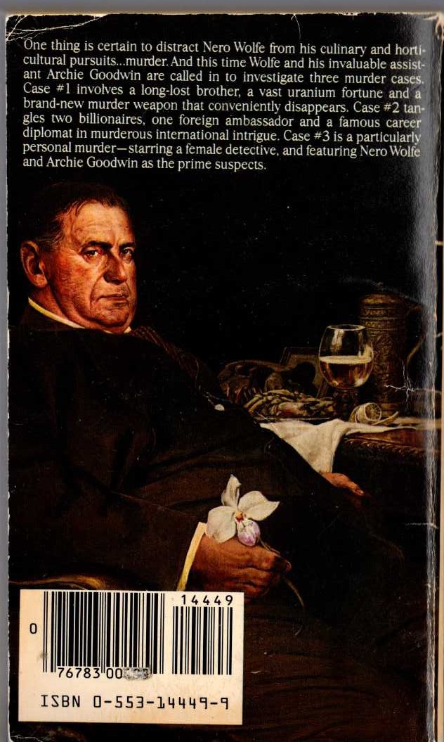 Rex Stout  THREE FOR THE CHAIR magnified rear book cover image