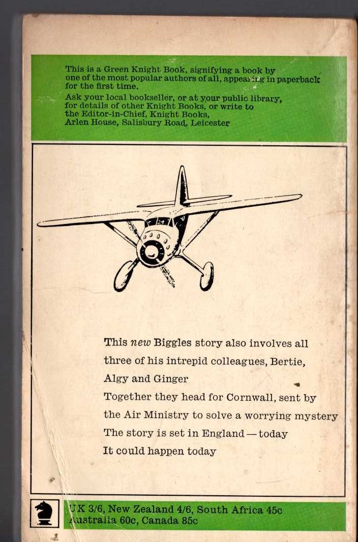 Captain W.E. Johns  BIGGLES AND THE DARK INTRUDER magnified rear book cover image