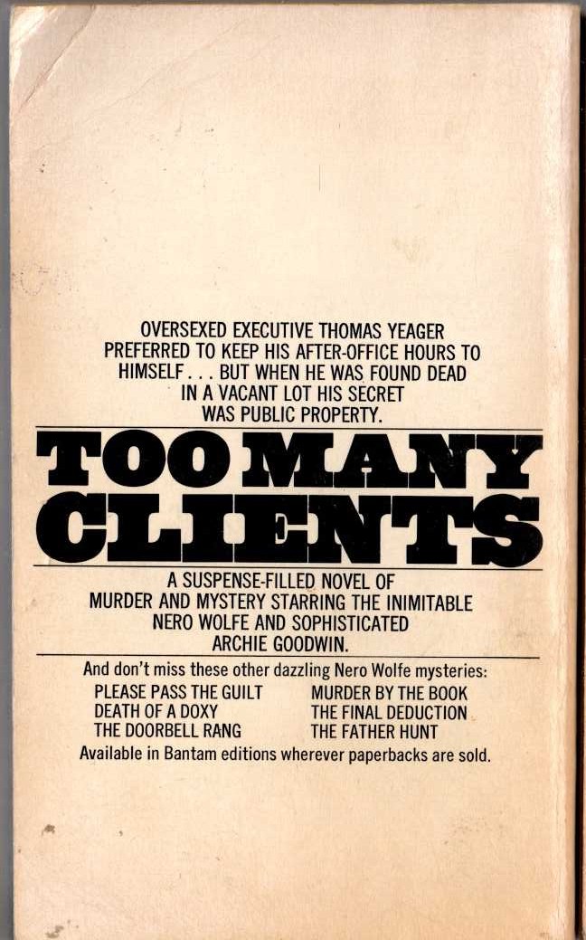 Rex Stout  TOO MANY CLIENTS magnified rear book cover image