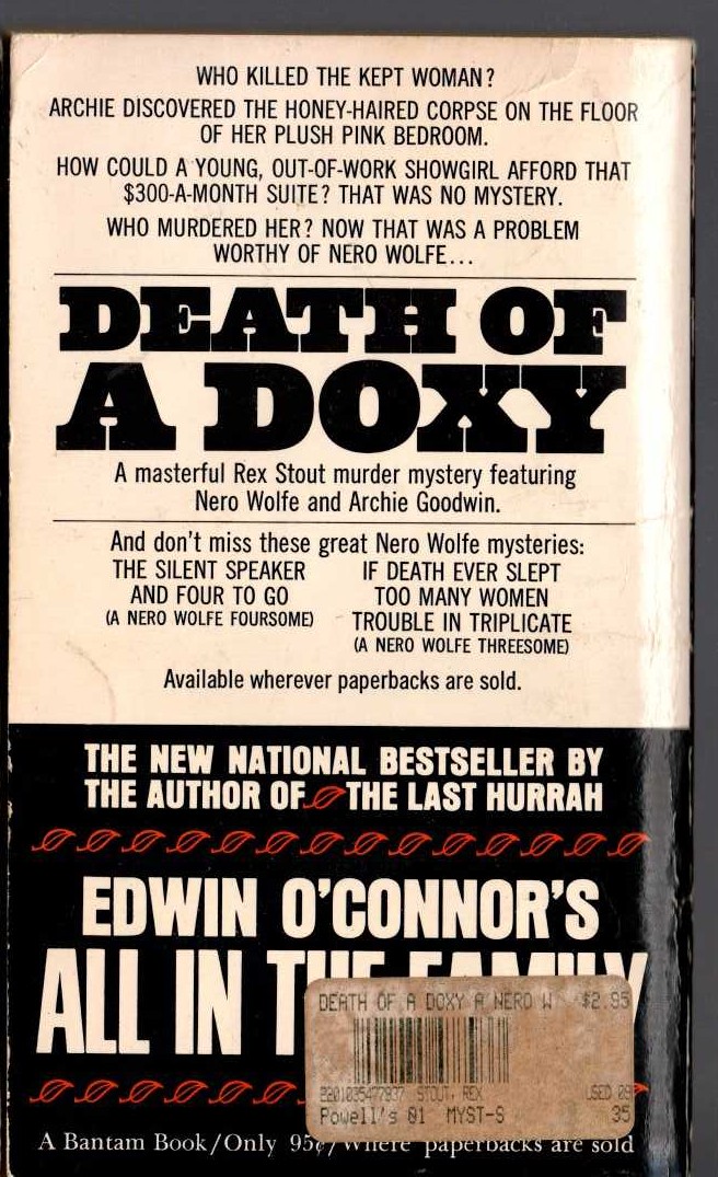 Rex Stout  DEATH OF A DOXY magnified rear book cover image