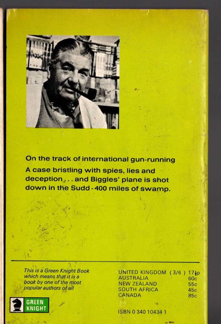 Captain W.E. Johns  BIGGLES AND THE GUN-RUNNERS magnified rear book cover image