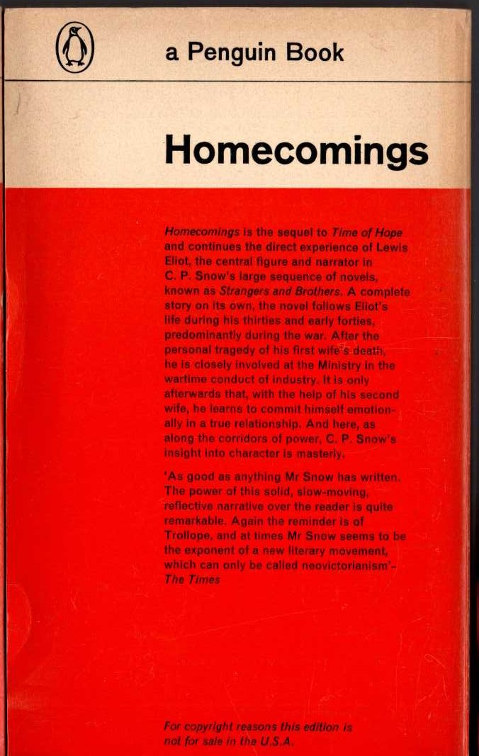 C.P. Snow  HOMECOMINGS magnified rear book cover image