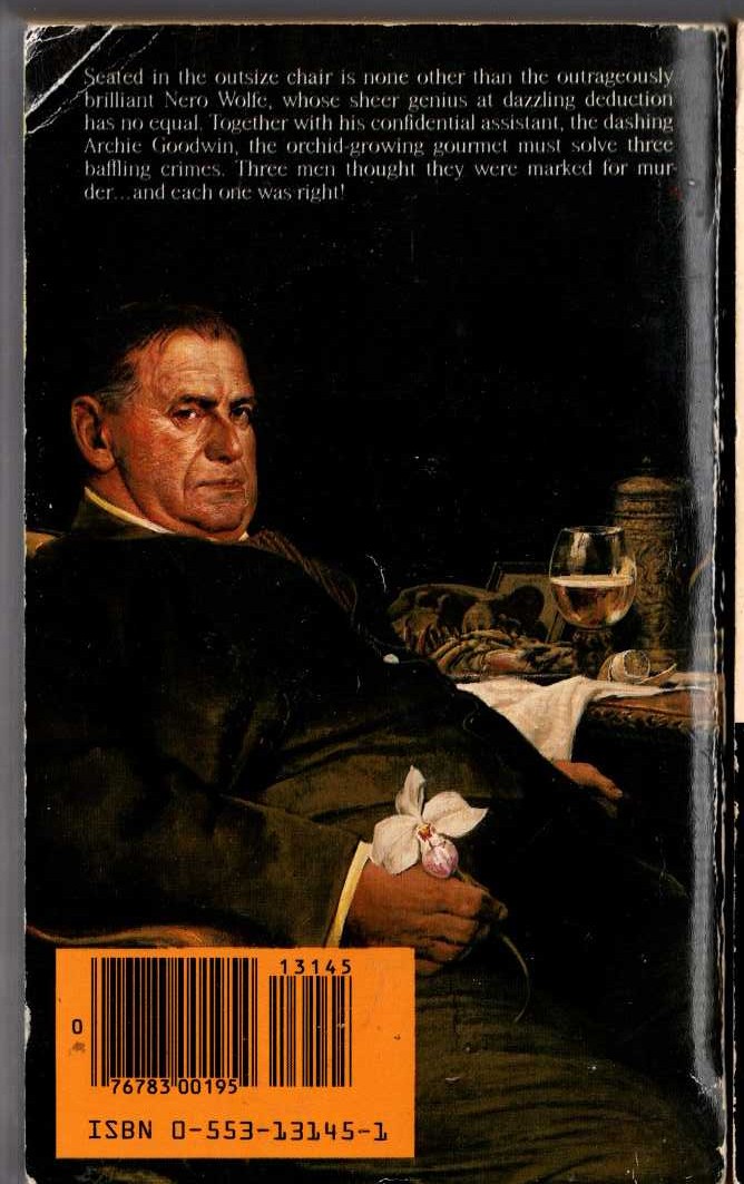 Rex Stout  TROUBLE IN TRIPLICATE magnified rear book cover image
