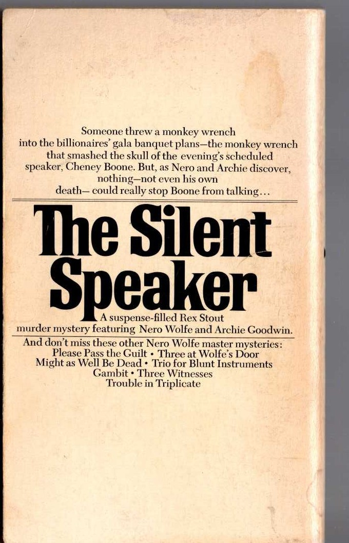 Rex Stout  THE SILENT SPEAKER magnified rear book cover image