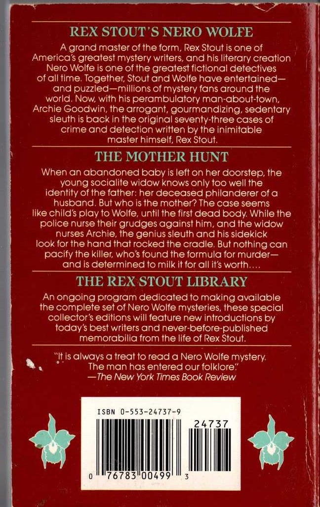 Rex Stout  THE MOTHER HUNT magnified rear book cover image