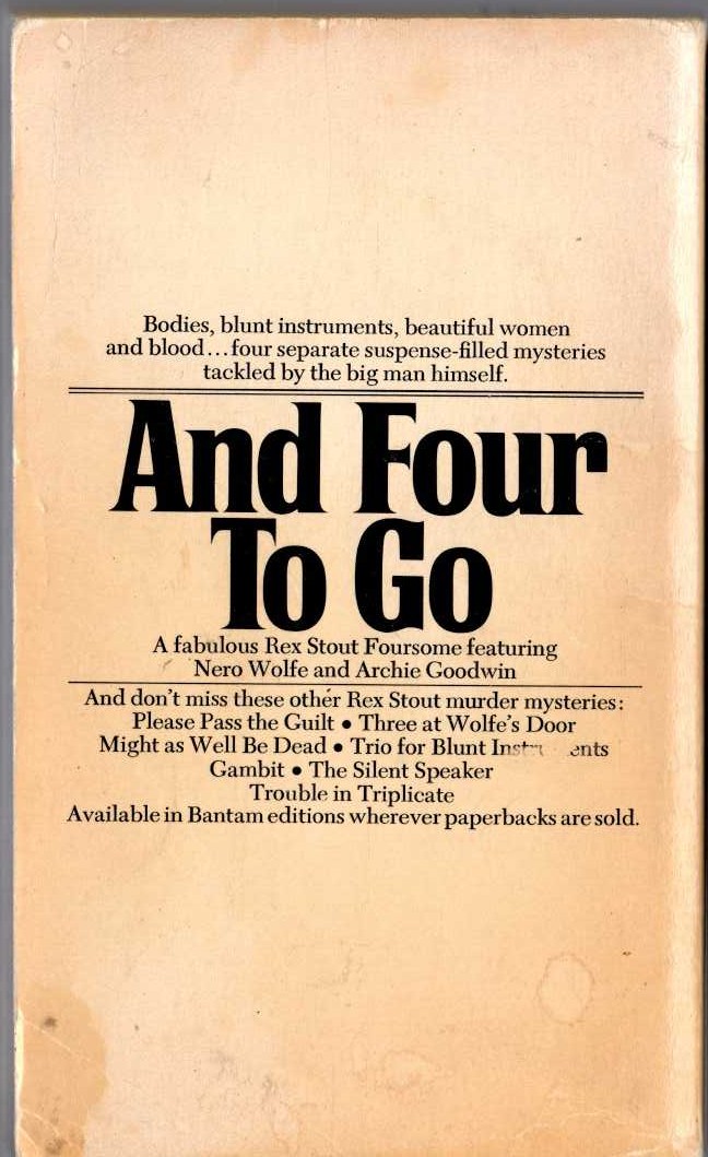 Rex Stout  AND FOUR TO GO magnified rear book cover image