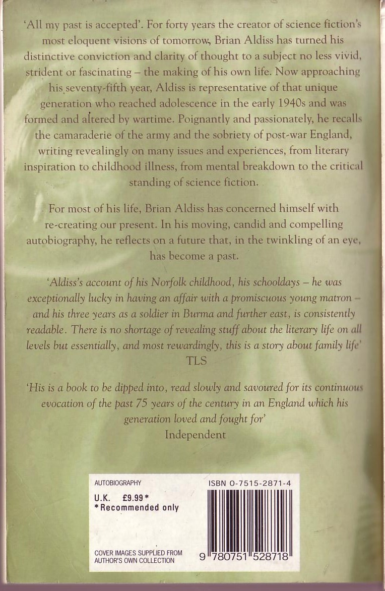 Brian Aldiss  THE TWINKLING OF AN EYE (Autobiography) magnified rear book cover image