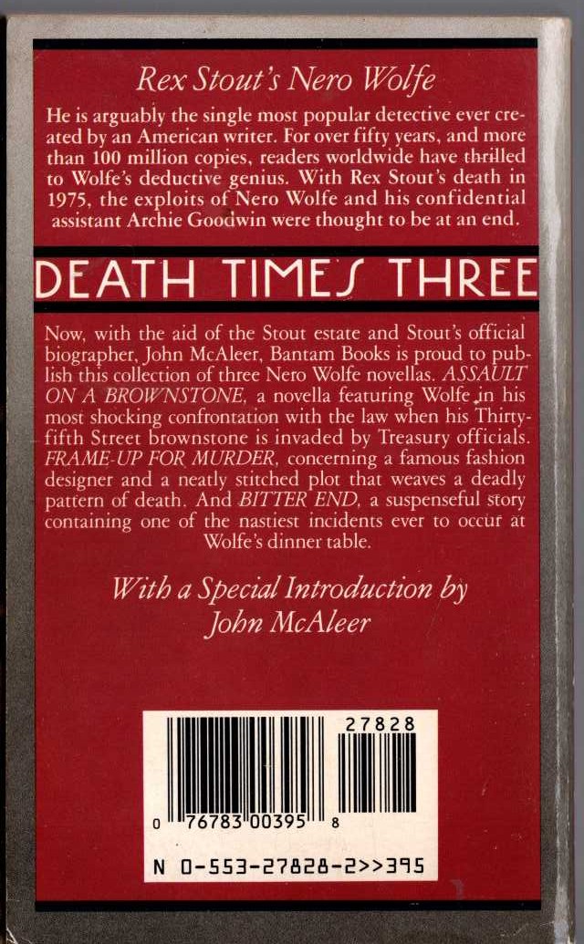 Rex Stout  DEATH TIMES THREE magnified rear book cover image