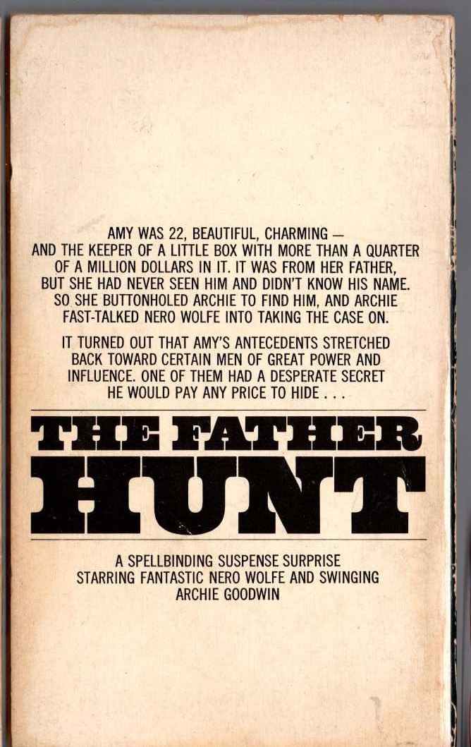 Rex Stout  THE FATHER HUNT magnified rear book cover image