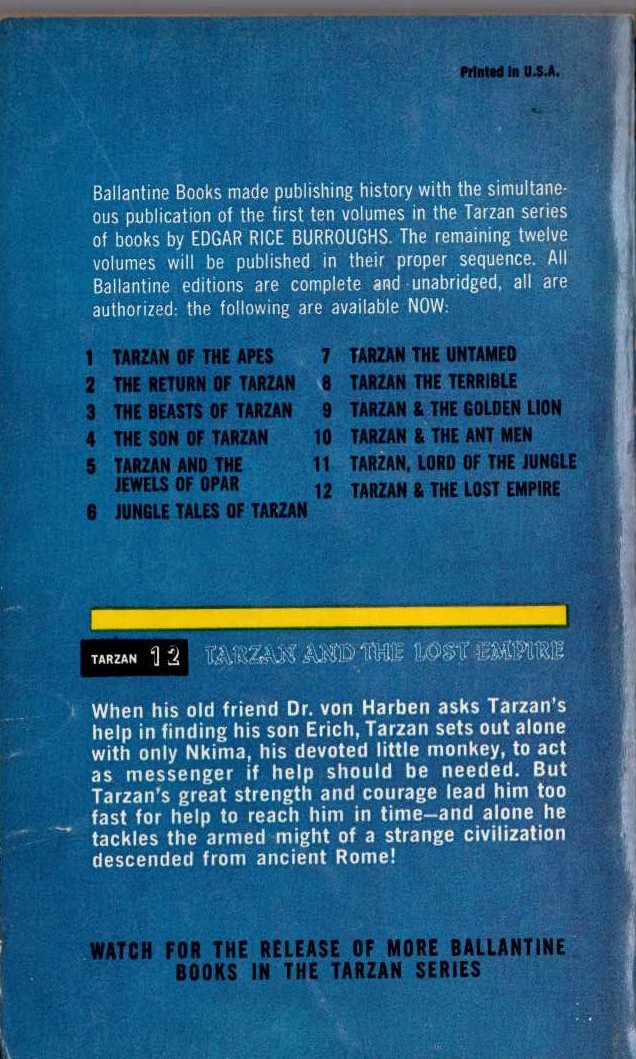 Edgar Rice Burroughs  TARZAN AND THE LOST EMPIRE magnified rear book cover image