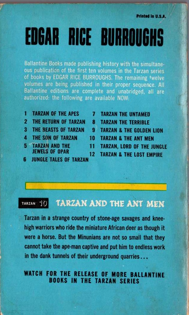 Edgar Rice Burroughs  TARZAN AND THE ANT-MEN magnified rear book cover image