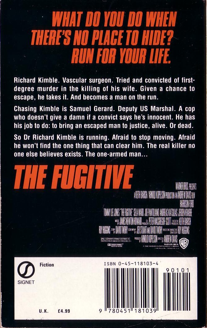 J.M. Dillard  THE FUGITIVE (Harrison Ford) magnified rear book cover image