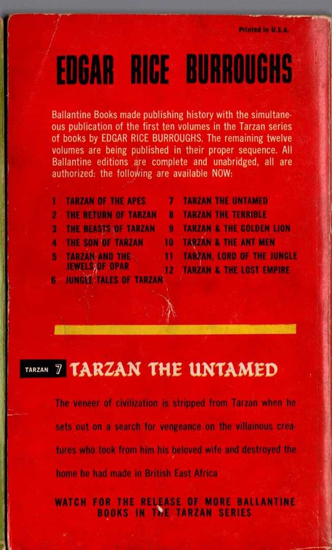 Edgar Rice Burroughs  TARZAN THE UNTAMED magnified rear book cover image