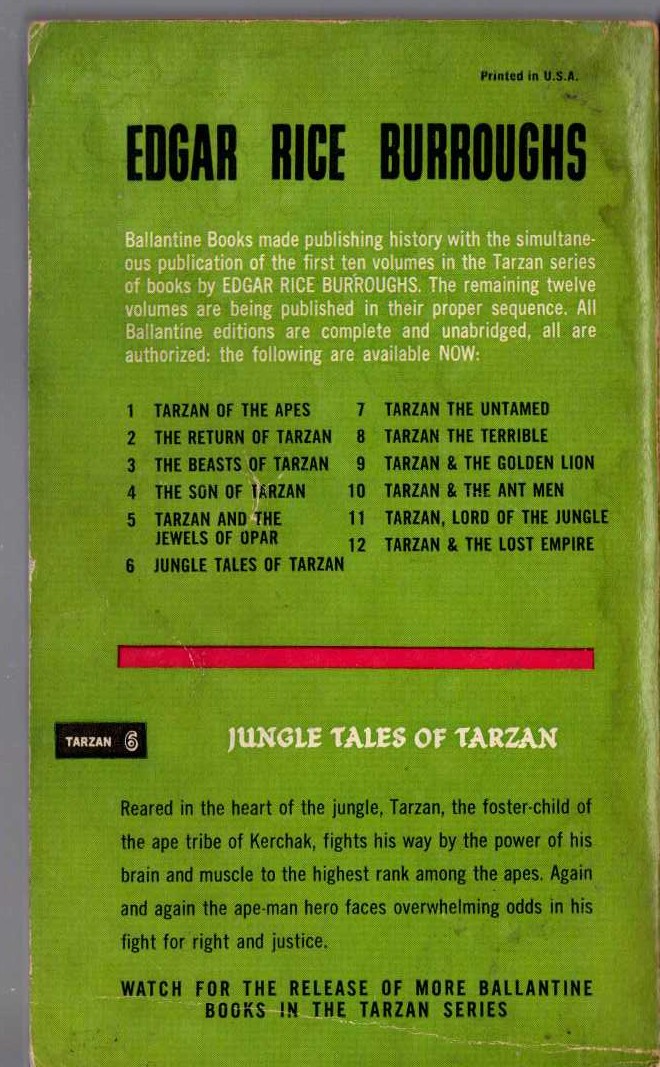 Edgar Rice Burroughs  JUNGLE TALES OF TARZAN magnified rear book cover image