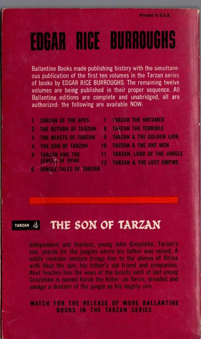 Edgar Rice Burroughs  THE SON OF TARZAN magnified rear book cover image