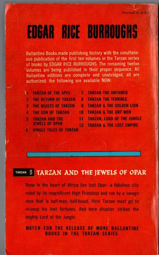 Edgar Rice Burroughs  TARZAN AND THE JEWELS OF OPAR magnified rear book cover image
