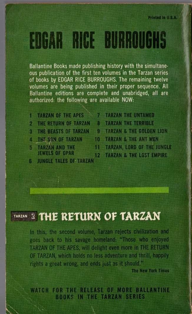 Edgar Rice Burroughs  THE RETURN OF TARZAN magnified rear book cover image