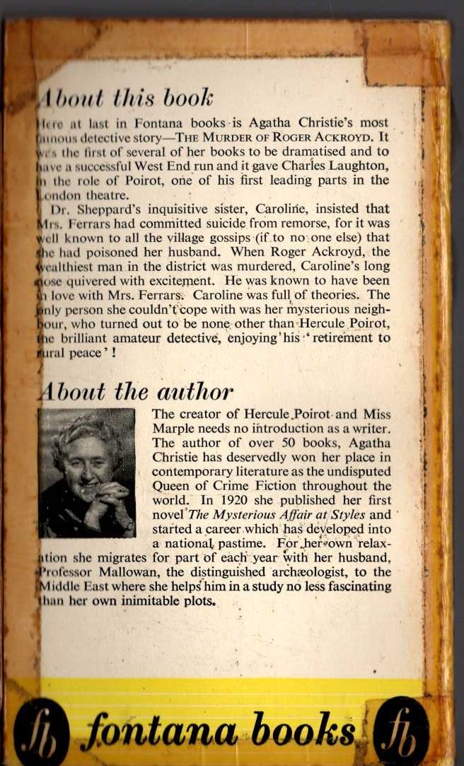 Agatha Christie  THE MURDER OF ROGER ACKROYD magnified rear book cover image