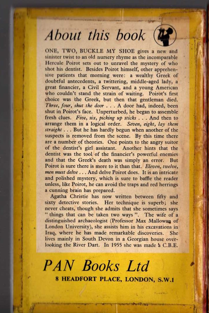 Agatha Christie  ONE, TWO, BUCKLE MY SHOE magnified rear book cover image