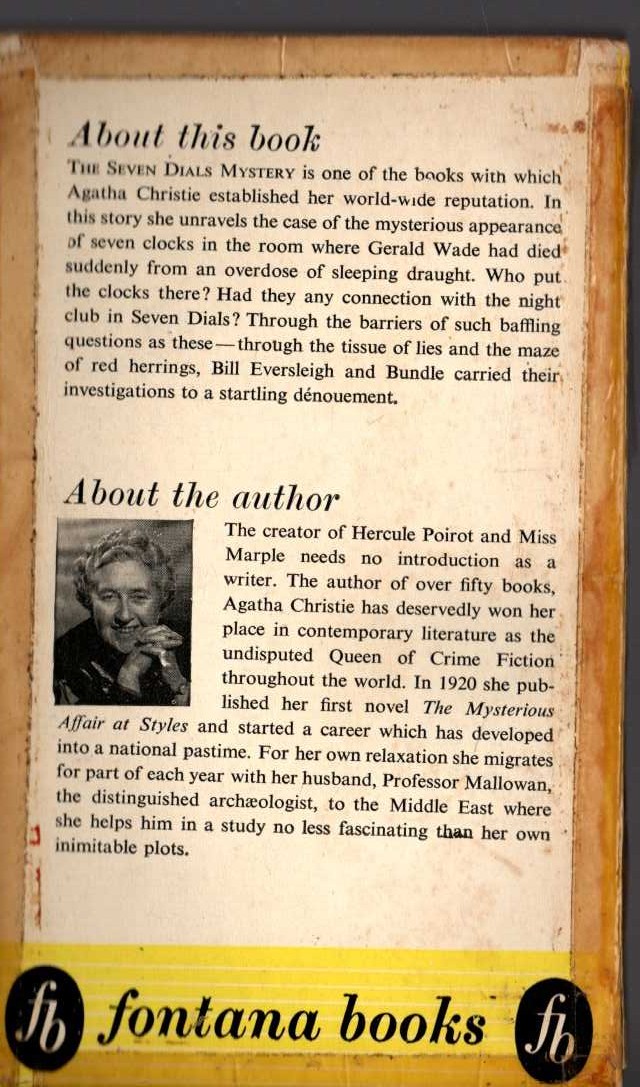 Agatha Christie  THE SEVEN DIALS MYSTERY magnified rear book cover image