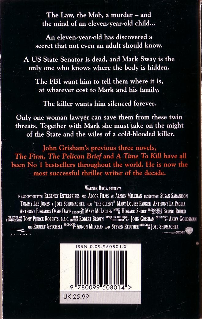 John Grisham  THE CLIENT (Tommy Lee Jones) magnified rear book cover image