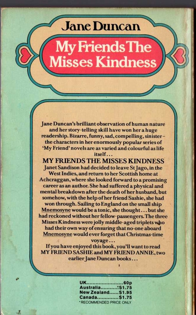 Jane Duncan  MY FRIENDS THE MISSES KINDNESS magnified rear book cover image