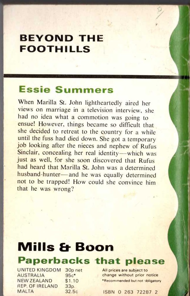 Essie Summers  BEYOND THE FOOTHILLS magnified rear book cover image