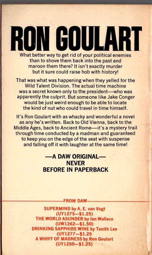 Ron Goulart  THE PANCHRONICON PLOT magnified rear book cover image