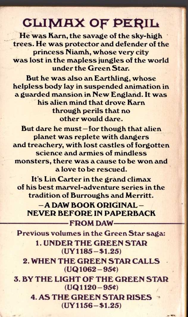 Lin Carter  IN THE GREEN STAR'S GLOW magnified rear book cover image