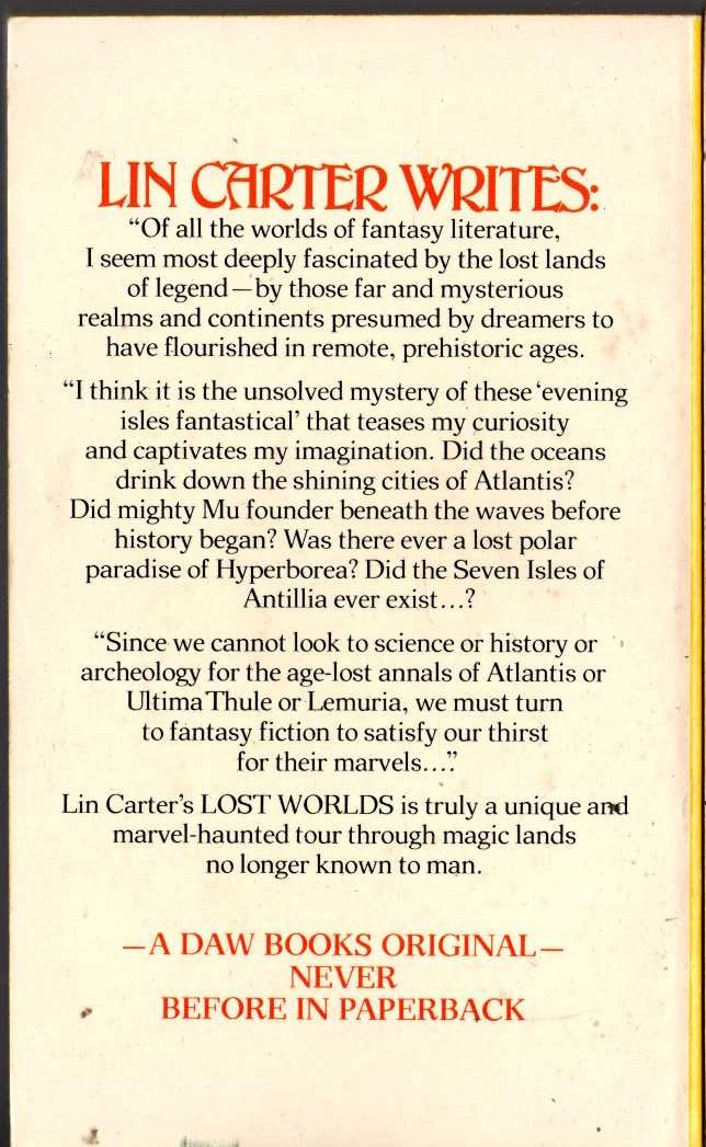Lin Carter  LOST WORLDS magnified rear book cover image