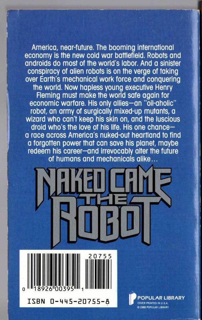 Barry B. Longyear  NAKED CAME THE ROBOT magnified rear book cover image