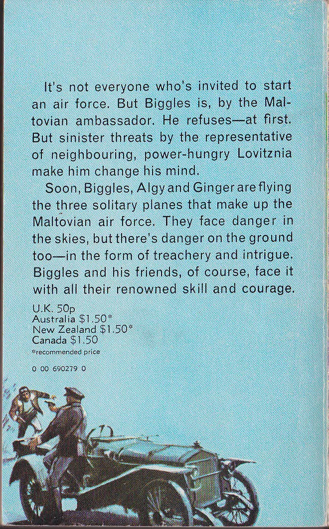 Captain W.E. Johns  BIGGLES GOES TO WAR magnified rear book cover image