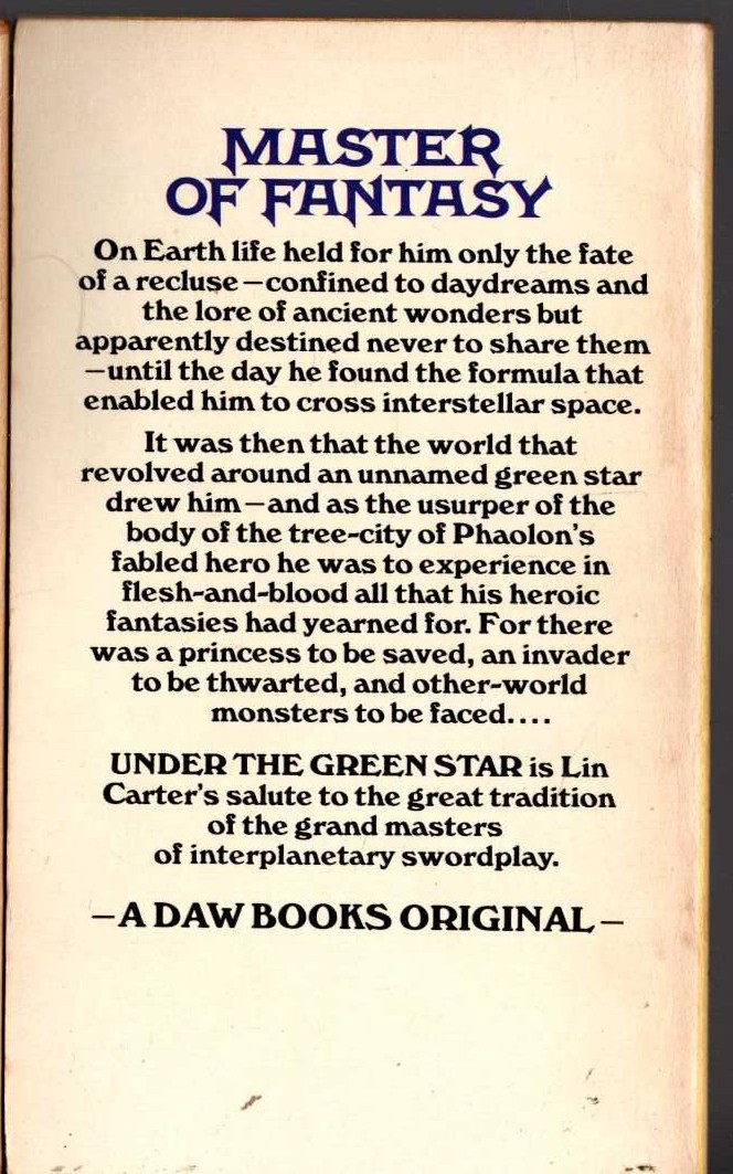 Lin Carter  UNDER THE GREEN STAR magnified rear book cover image