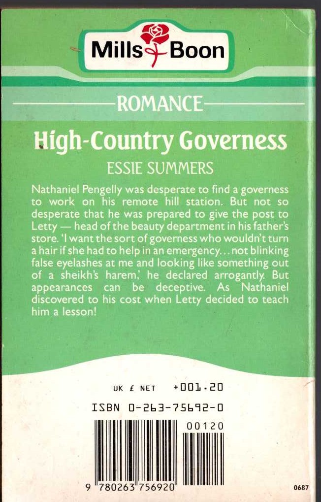 Essie Summers  HIGH-COUNTRY GOVERNESS magnified rear book cover image