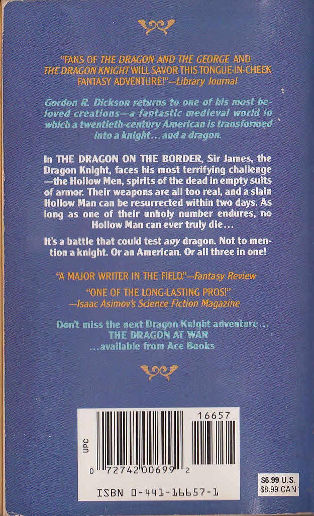 Gordon R. Dickson  THE DRAGON ON THE BORDER magnified rear book cover image
