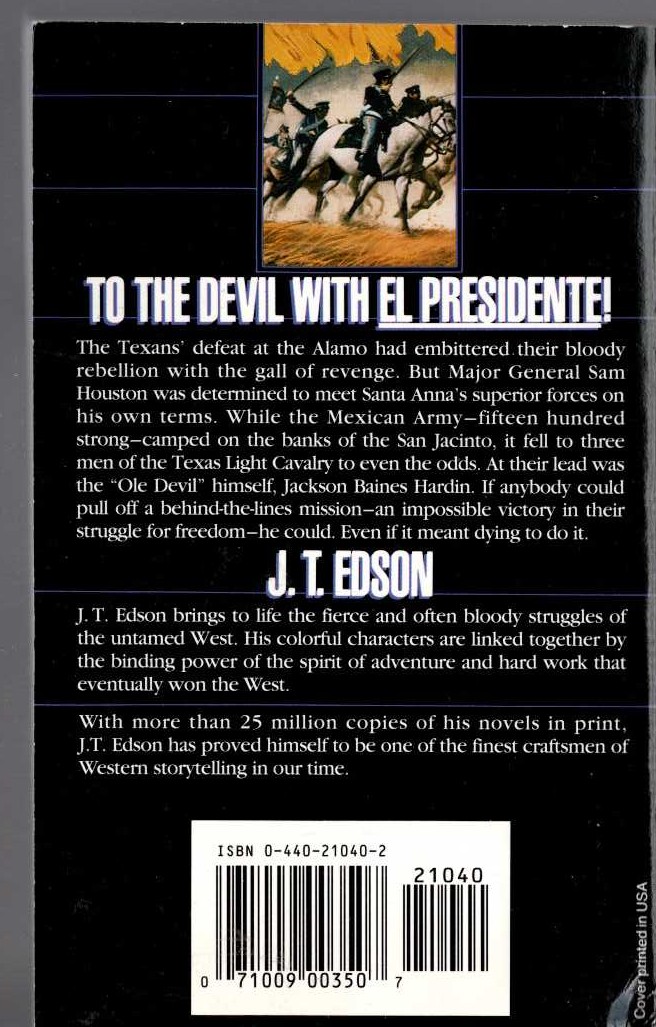 J.T. Edson  OLE DEVIL AT SAN JACINTO magnified rear book cover image