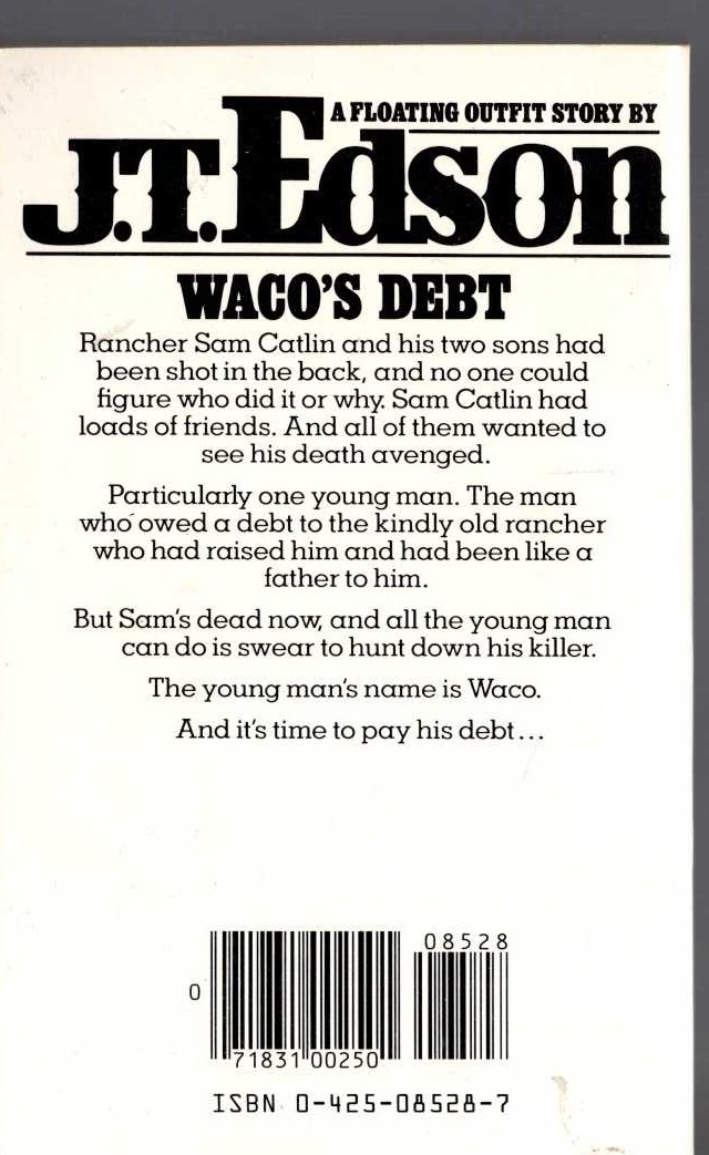 J.T. Edson  WACO'S DEBT magnified rear book cover image