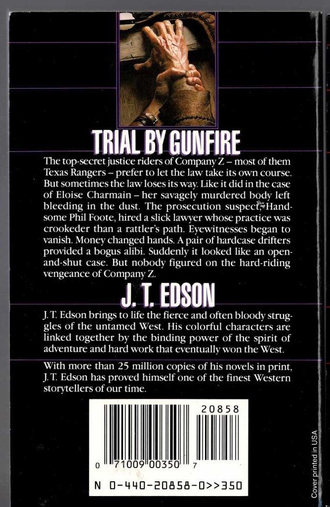 J.T. Edson  THE JUSTICE OF COMPANY 'Z' magnified rear book cover image