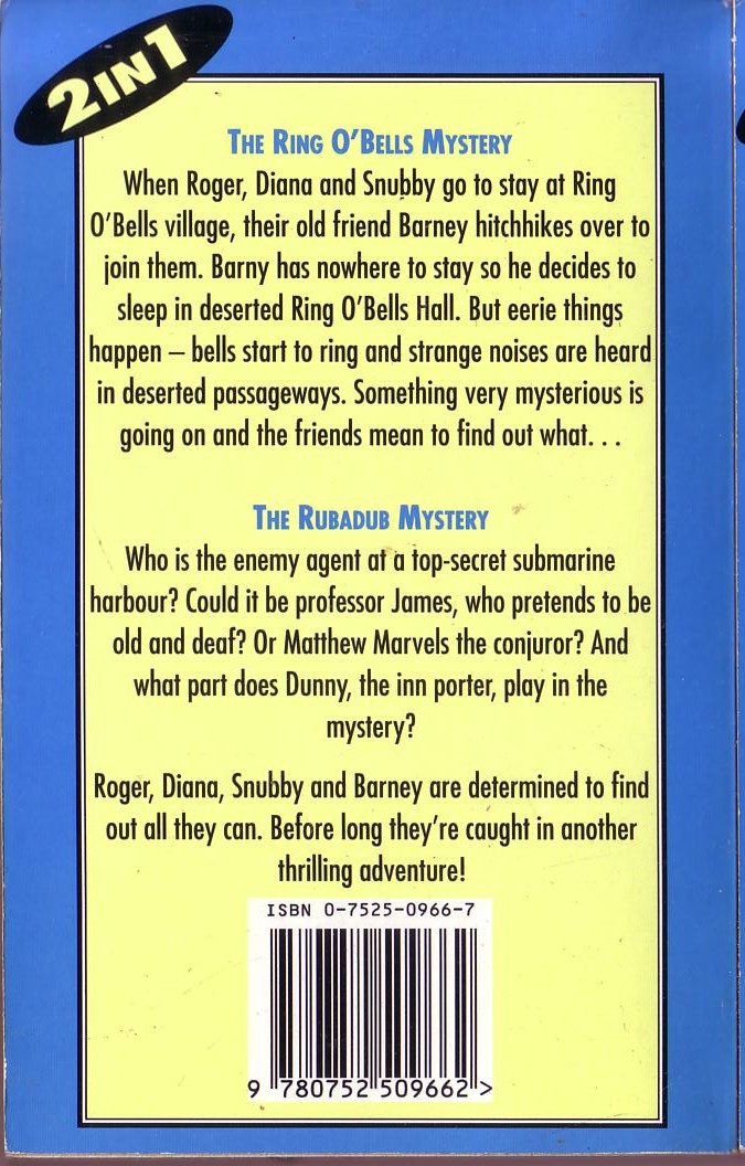 Enid Blyton  MYSTERY STORIES: THE RING O'BELLS MYSTERY/ THE RUBADUB MYSTERY magnified rear book cover image