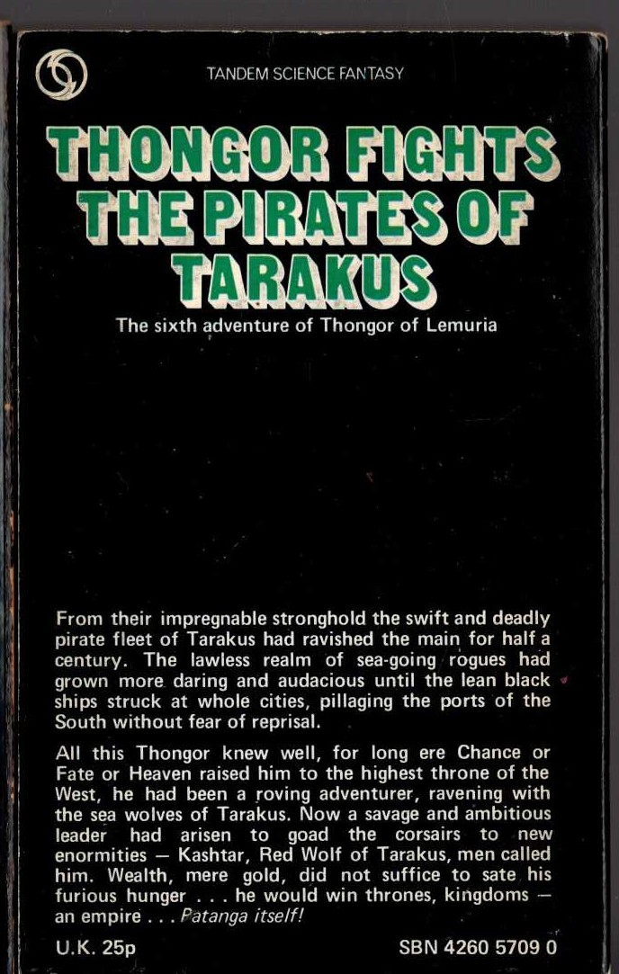 Lin Carter  THONGOR FIGHTS THE PIRATES OF TARAKUS magnified rear book cover image
