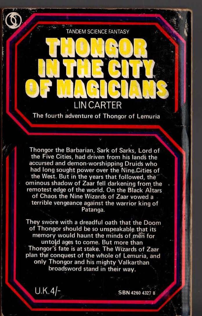 Lin Carter  THONGOR IN THE CITY OF MAGICIANS magnified rear book cover image