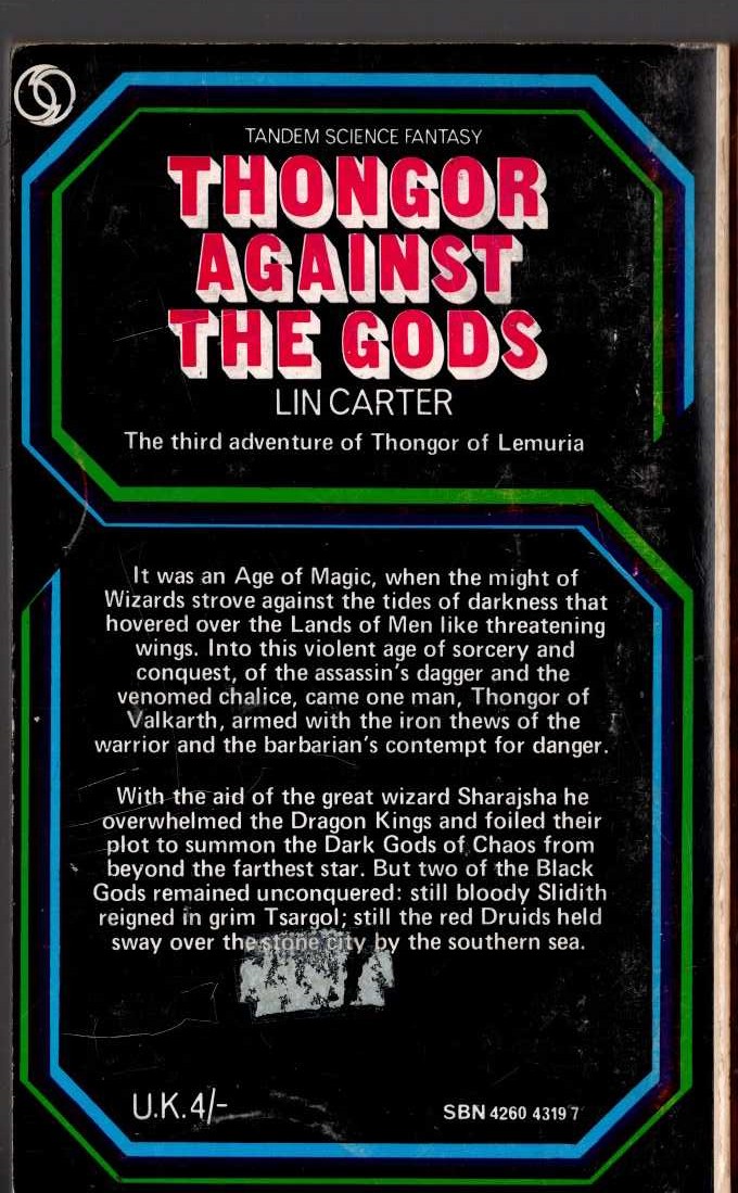 Lin Carter  THONGOR AGAINST THE GODS magnified rear book cover image