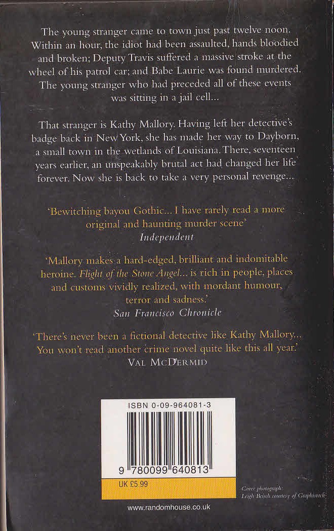 Carol O'Connell  FLIGHT OF THE STONE ANGEL magnified rear book cover image
