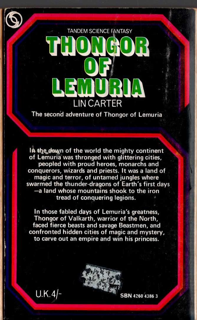 Lin Carter  THONGOR OF LEMURIA magnified rear book cover image
