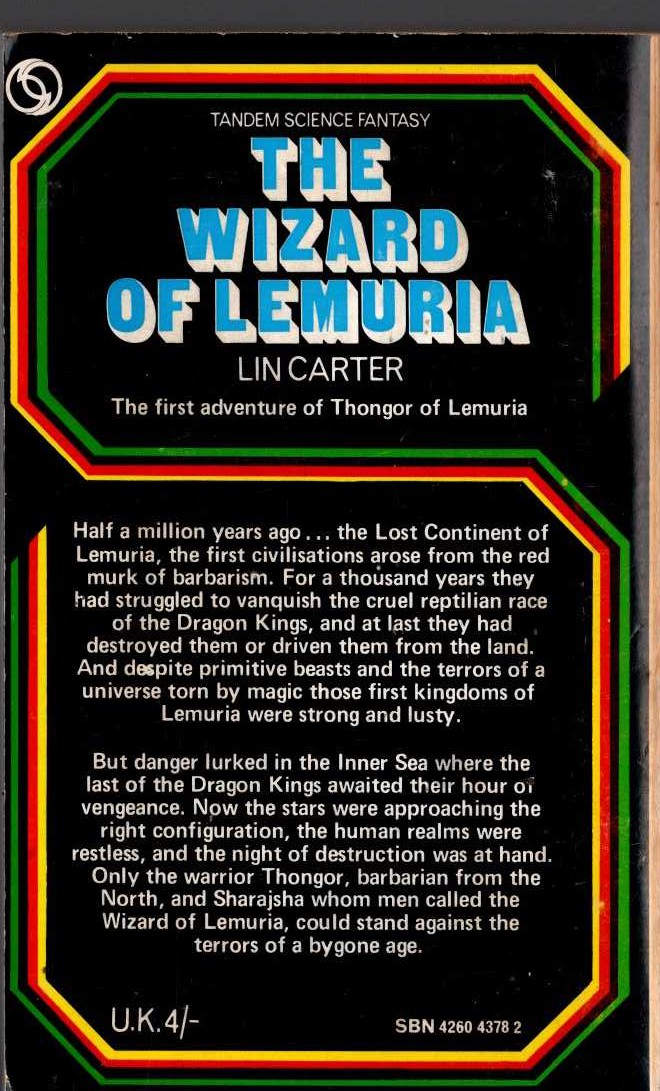 Lin Carter  THE WIZARD OF LEMURIA magnified rear book cover image