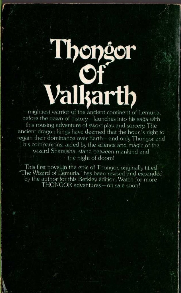 Lin Carter  THONGOR AND THE WIZARD OF LEMURIA magnified rear book cover image