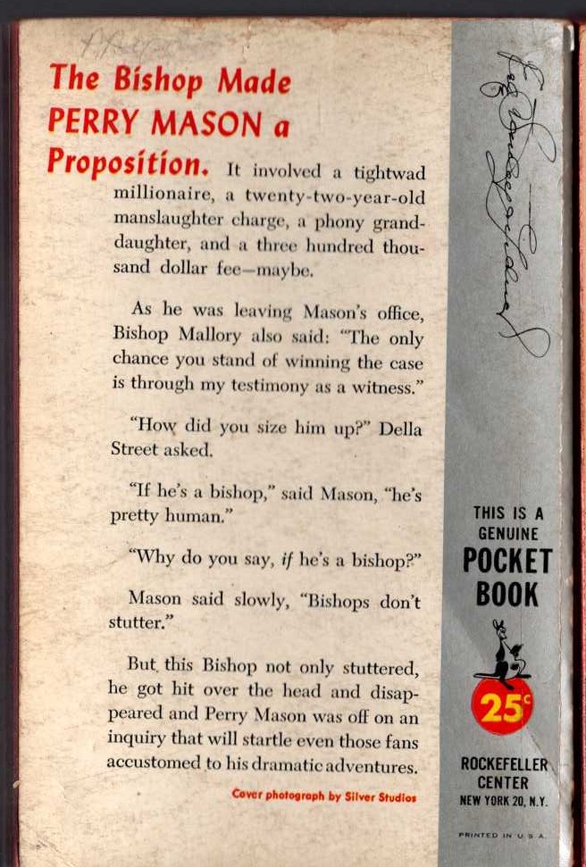 Erle Stanley Gardner  THE CASE OF THE STUTTERING BISHOP magnified rear book cover image