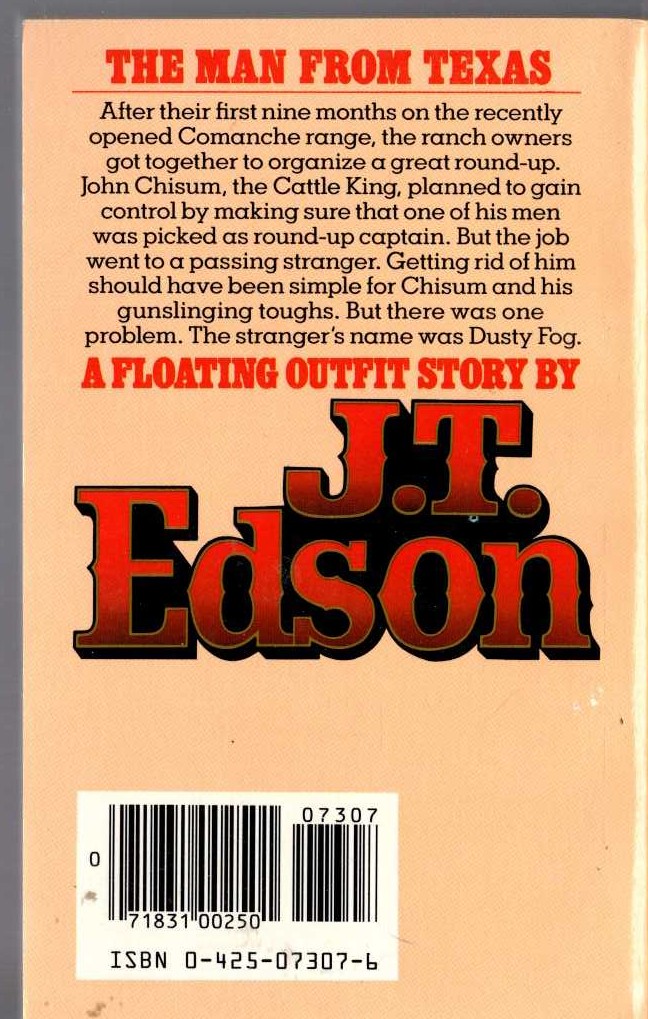 J.T. Edson  THE MAN FROM TEXAS magnified rear book cover image